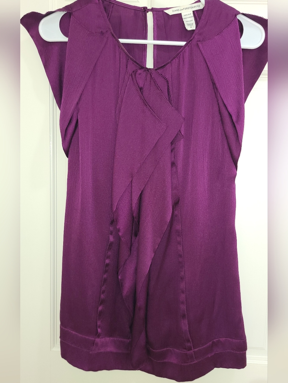 Diane Von Furstenberg Plum Ruffle-Front Silk Sleeveless Blouse